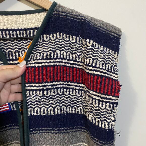 Mexican Baja Serape Fringe Blanket Vest Upcycled Boyscout Patches Virginia M - Picture 8 of 10